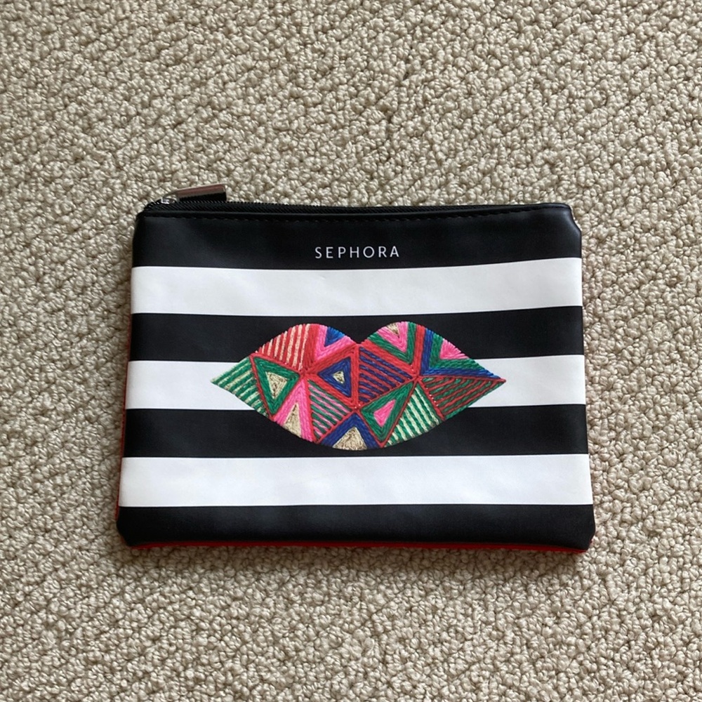 Sephora Medium Cosmetic Case Red Black White Striped NWOT 8” by 6”